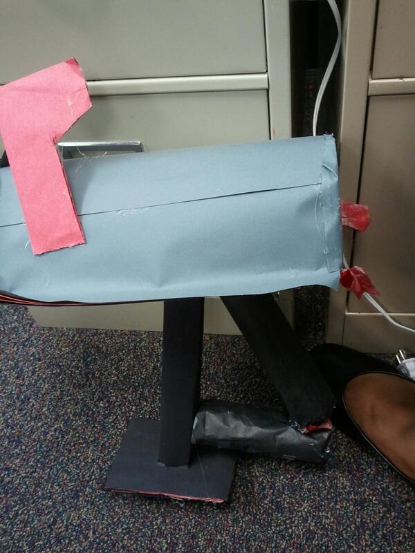 ECC4438's tweet photo. Mailbox I handmade with newspaper, construction paper, paper towel roll, card board,  markers http://t.co/0L69UnkMqu