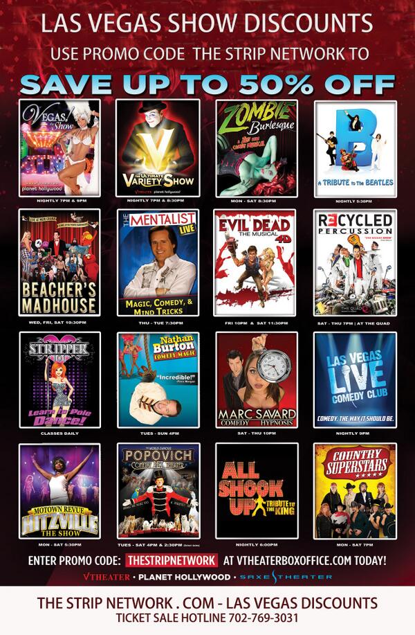 TheStripNetwork's tweet photo. Get up to 50% off Las Vegas Show Tickets! Use promo code TheStripNetwork http://t.co/3H29LtVylX http://t.co/fmFzQd6T2j