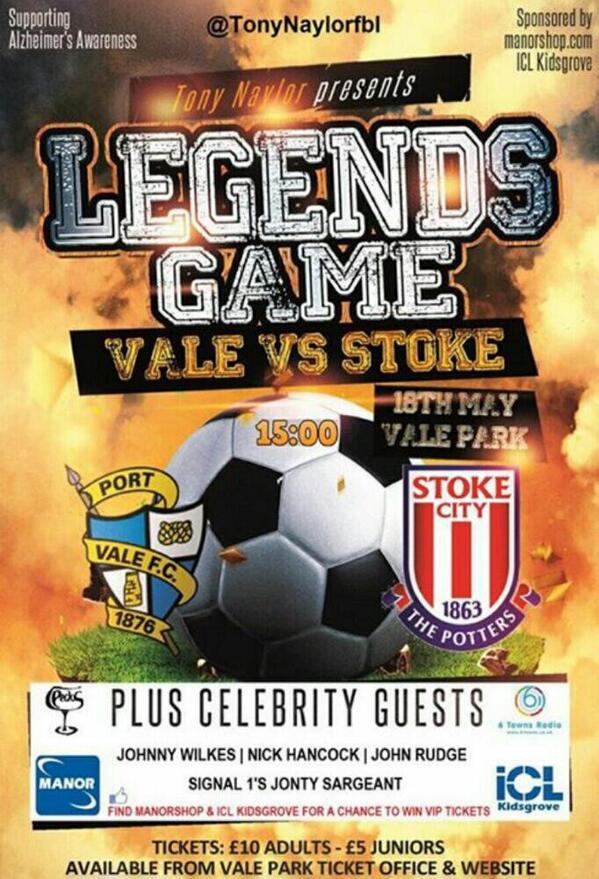 6townsradio's tweet image. Who is going the @TonyNaylorfbl Port Vale v Stoke City charity match this Sunday at Vale Park???