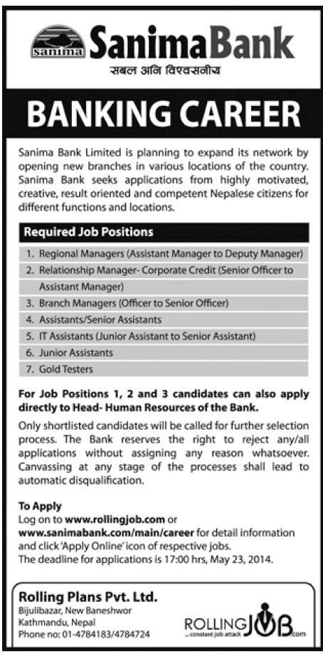 VacancyNepal's tweet photo. Vacancy Announcement:Sanima Bank for Junior Assistants see details: http://t.co/I5Z0wDQOln http://t.co/iD7ZPsVUGY
