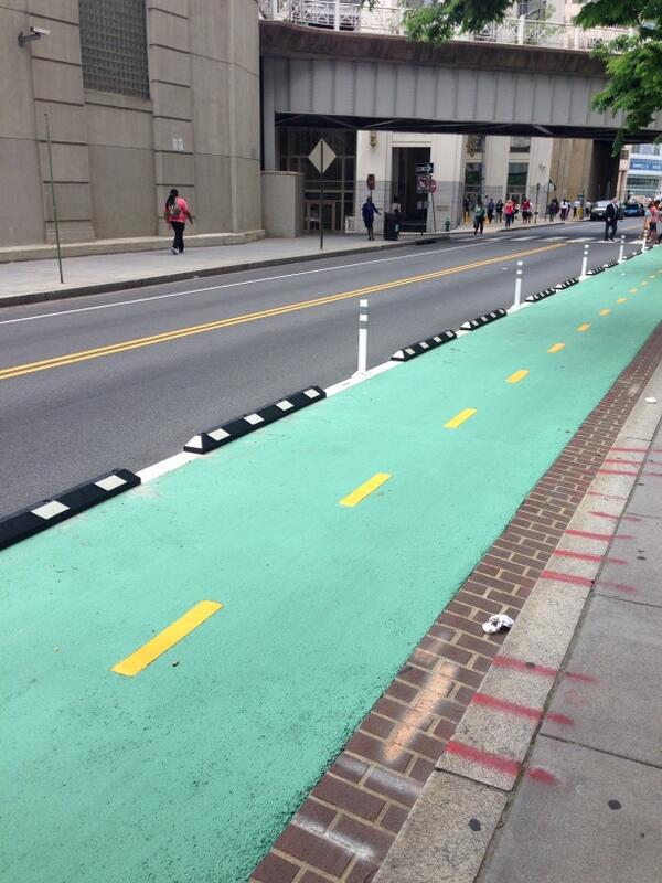 Newly installed rubber curbs on the First St. NE cycle track. Photo: Matty Campy