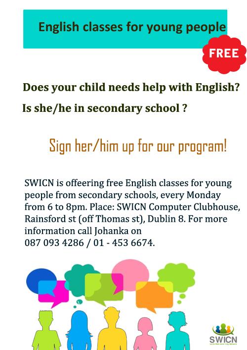 SWICNDublin's tweet photo. FREE English classes for young people every Monday for 6pm to 8pm in SWICN. http://t.co/nIQGKBbCp5