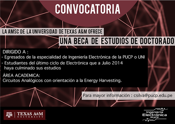 ElectronicaPucp's tweet photo. ¡CONVOCATORIA! La universidad de Texas A&amp;M está otorgando una beca de estudios de doctorado¡No te quedes electrónico! http://t.co/D4xje2W4LL