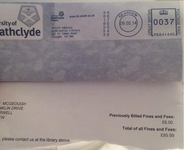 Clairemcgeough1's tweet image. Strathy Uni forever reminding me why I hate Uni #libraryfines