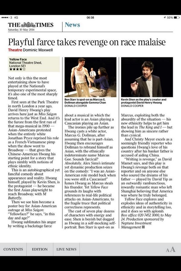 YellowFaceLDN's tweet photo. Yellow Face publicity you may have missed! Runs til May 24 @NationalTheatre Get booking! http://t.co/cTKnNuGsTN