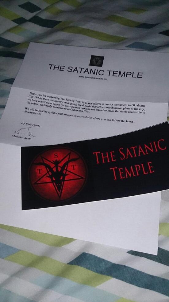 nahkibo's tweet photo. got my letter and bumper sticker :D #satan #satanicstatue @satanicpsalms but more importantly, #equality http://t.co/TuEelC5rns