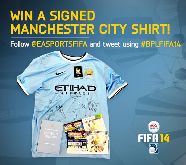 EASPORTSFC's tweet photo. Win a signed shirt from @premierleague champions @MCFC! Follow @EASPORTSFIFA and Retweet using #BPLFIFA14 http://t.co/H5wkmXJSUp