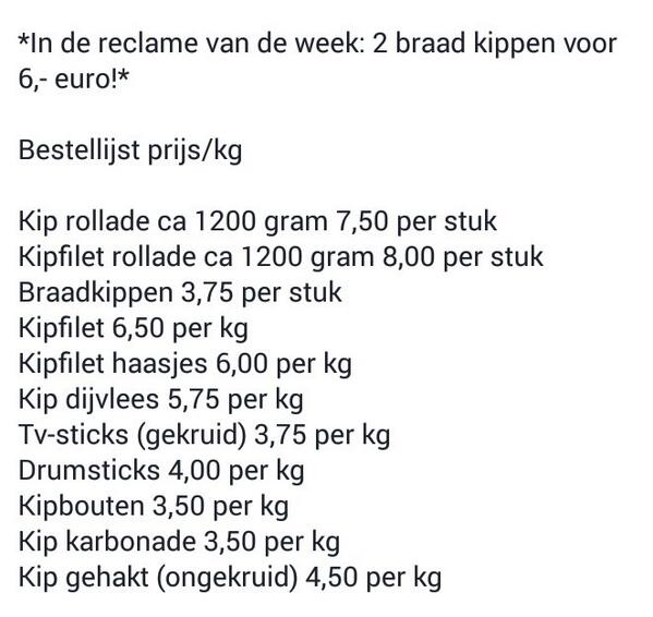 Bestellingen voor aankomend weekend kunnen  nog worden doorgegeven tot dinsdag middag 13:00 uur!