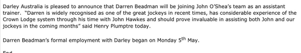 Darley announcement re Darren Beadman has now been made official. Certainly a great asset.