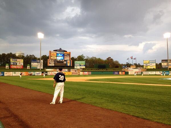 Midd South vs Colts Neck game under a rain delay. Start time has officially moved to 8:00 at First Energy Park