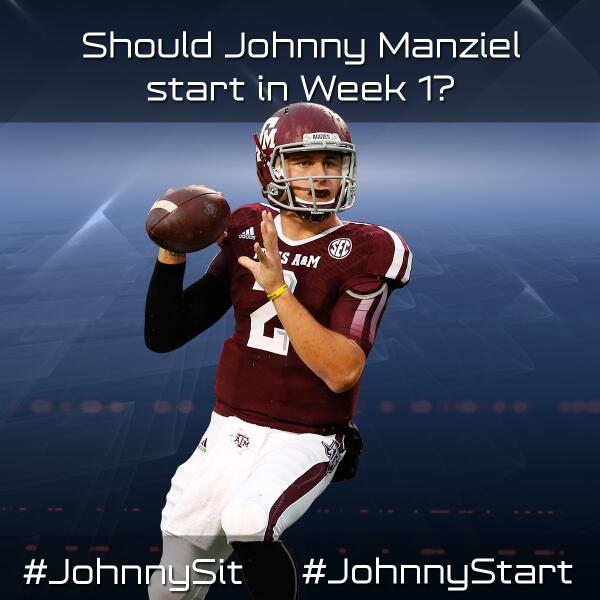 nflnetwork's tweet photo. It's time for YOU to weigh in...
Should Johnny Manziel start in Week 1: #JohnnySit or #JohnnyStart? http://t.co/bi9LeMFNwT