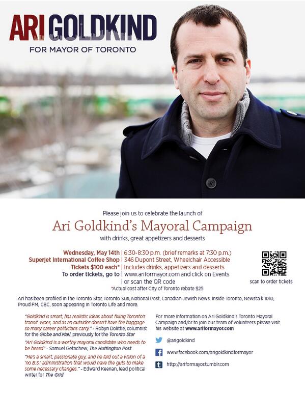 AriGoldkind's tweet image. Two days until 1st campaign event. Let's discuss Toronto together. Join me, May 14 bit.ly/1o6P6mI #TOpoli