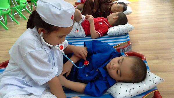 Our babies are practising Practical Life skill at Worldkids Preschool&amp; Kindergarten-Vietnam
