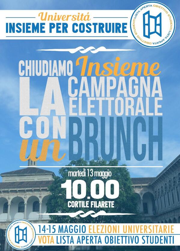 ObStudentiUnimi's tweet photo. Chiudiamo insieme la campagna elettorale: dalle 10 siamo in Filarete per un #brunchcoicandidati #insiemepercostruire http://t.co/S6rpg56drw