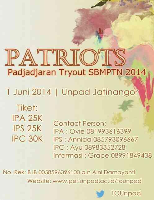 TOUnpad's tweet photo. Padjadjaran Try Out SBMPTN Unpad 2014 #PATRIOTS14 1 Juni 2014. yuk daftar sekarang! cc: @anak_unpad http://t.co/QL2TTz7Ppa