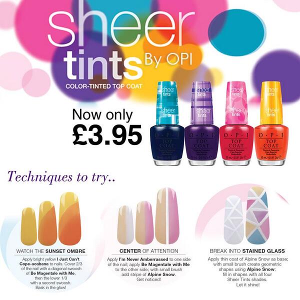 CapitalHair's tweet photo. SPECIAL OFFER: Stock up for summer with the gorge #SheerTints by #OPI - only £3.95!
Shop now http://t.co/LHAzPAPyCV http://t.co/WhgxN4MKWo