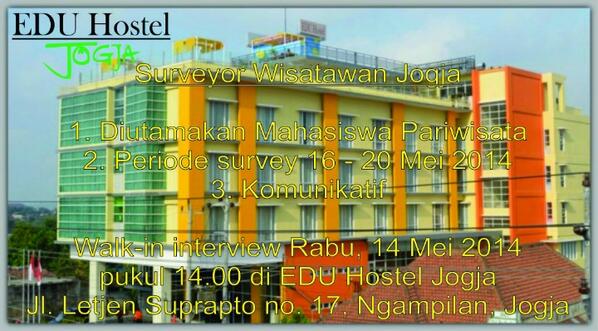 #Lowker <a href="/EDUHostelJogja/">Edu Hotel Malioboro</a> : part-timer u/ survey wisatawan Jogja. Detail monggo cek pic