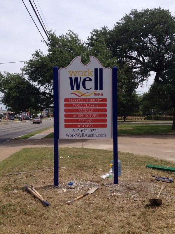 SunSignsAustin's tweet image. New Work Well massage studio- wood sign on Manchaca Rd.
