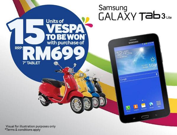 SamsungMalaysia's tweet image. 15 units of Vespa to be WON with purchase of Samsung GALAXY Tab 3 Lite!