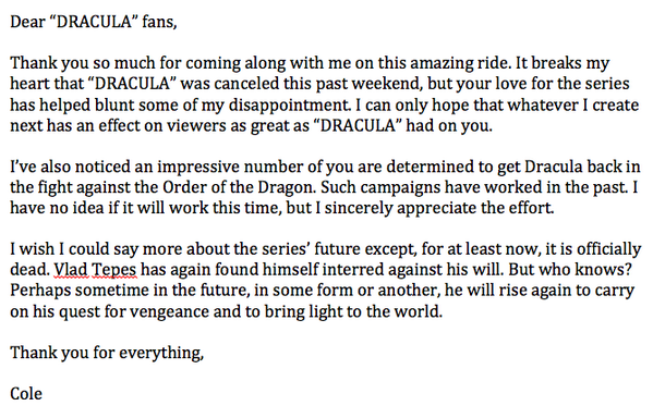 Regarding the cancellation of <a href="/NBCDracula/">Dracula</a>... #Dracula #SaveDracula