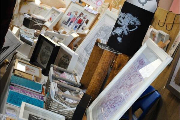 aberwickdesign's tweet image. photograph from the weekend at @Crafty_Vintage showing mine and @NspencerNatalie stalls. Some great pictures. #print