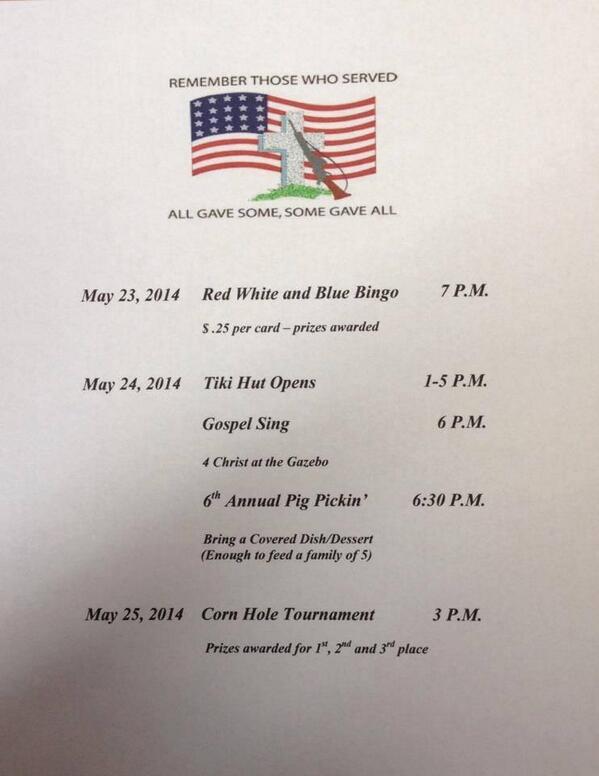 Make your reservations today and join us for our Memorial Weekend Celebration and 6th Annual Pig Pickin'!