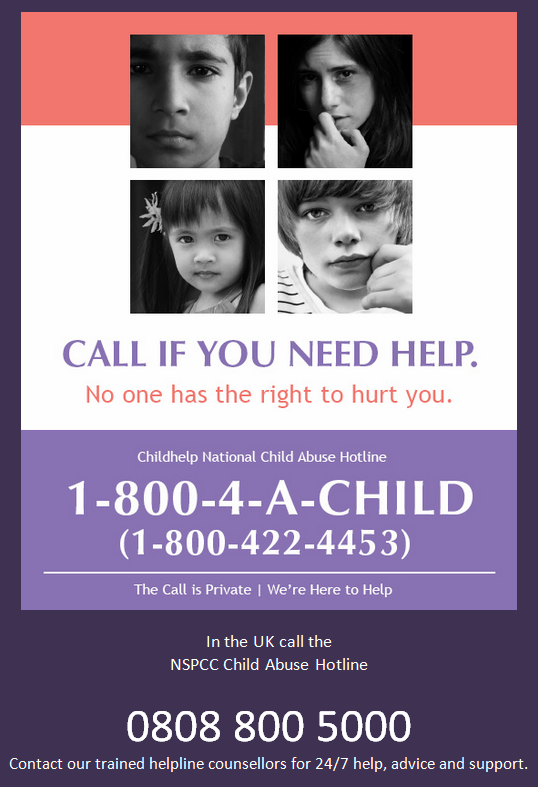 Call if you or someone you know needs help. Report it! #StopChildAbuse w/@helpspreadthis ☞justcoz.org