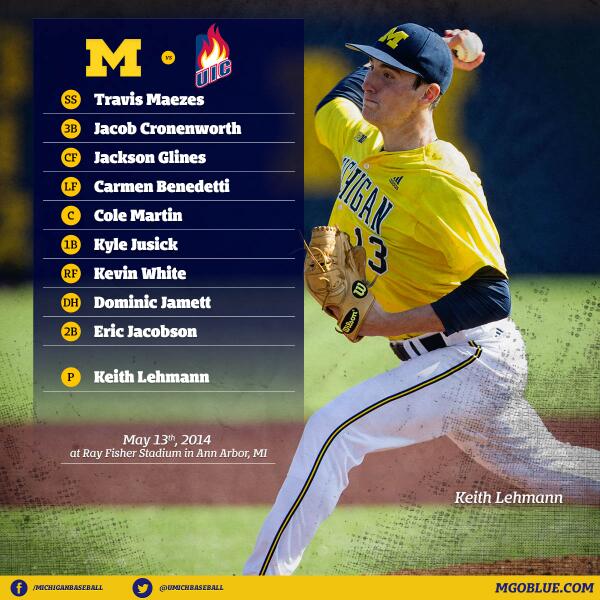 umichbaseball's tweet photo. Michigan hosts UIC tonight at 6 p.m. Here's the lineup with Lehmann on the bump! http://t.co/o67nCu5vsA