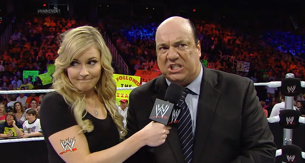 HeymanHustle's tweet photo. "@BlackBeardGuy @ReneeYoungWWE Paul Heyman kick off #MainEvent ... by the looks if it, Renee is annoyed. #WWENetwork http://t.co/E3Jzfb3LEh"