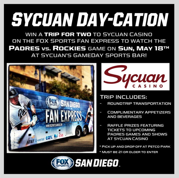 RT for chance to win a trip for 2 on the FSSD #FanExpress to watch 5/18 #Padres game at <a href="/SycuanCasino/">Sycuan Casino Resort 🎰</a>! *Must be 21+