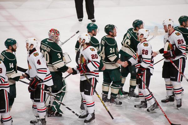NHL's tweet photo. After a hard-fought series, @NHLBlackhawks and @mnwild shake hands. Watch: http://t.co/5de6F7Mziy #BecauseItsTheCup http://t.co/I2SRHN0dNL