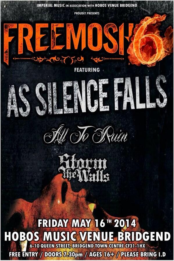 THIS FRIDAY - #FREEMOSH at @hobosmusicvenue Bridgend with As Silence Falls, <a href="/AllToRuinUK/">All To Ruin</a> and <a href="/stormthewallsuk/">Storm the Walls</a>