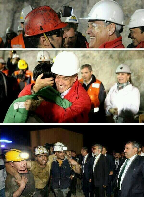 Liberta_12's tweet photo. Üstteki foto Şilide göçük altından çıkaralan işçiye Şili bakanı böyle sarılıyor Alttaki fotoda dün akşam Somadan http://t.co/m5vNIsUgTJ