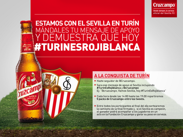 Cruzcampo's tweet photo. Con tu apoyo hoy #TurinEsRojiblanca y para celebrarlo sorteamos 5 packs de Cruzcampo cada hora y mucho más! http://t.co/v9IFwQ06HK