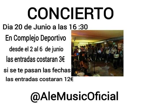 CF_Alemusic's tweet photo. COOOONCIIIIEEEEEEERTOOO DEEE @AleMusicOficial! *_*
Tenéis toda la información en la imagen. QUE GANAAASS!! http://t.co/tSLEA7lQ0s