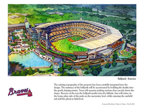bluestein's tweet photo. The Braves release renderings of the new Cobb stadium. Here's a few: http://t.co/Kw5dZwfsxR