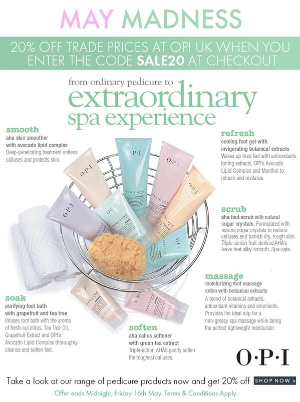 OPINAILSUK's tweet photo. May Madness - Save 20% on everything at OPI UK! Enter SALE20 at checkout! Stock up on pedicure products for summer! http://t.co/uzy50a8lIZ