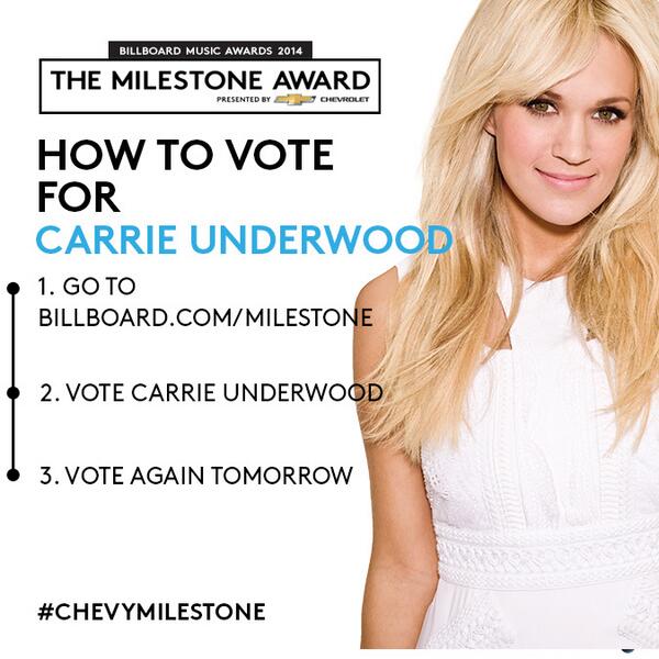 carrieunderwood's tweet image. Vote daily for the @OfficialBBMAs Milestone Award! #voteCARRIE billboard.com/milestone -TeamCU