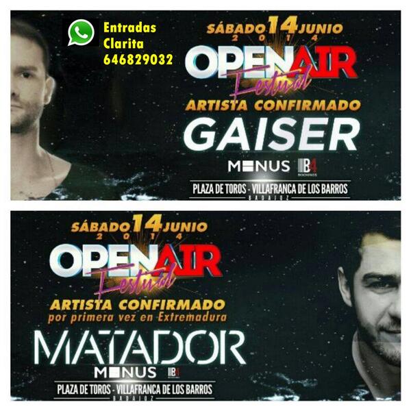 Clarita_RRPP's tweet photo. ★OPEN AIR FESTIVAL★ Primeros confirmados... MATADOR &amp; GAISER! Entradas 646829032 @jovenesdefiesta @openair_fest http://t.co/8UuAlJFyUs