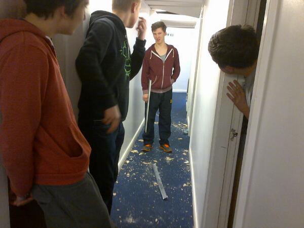 OPB91's tweet photo. This photo sums up halls last year. Corridor debriefing to assess what carnage occurred the previous night. http://t.co/qB0XvrFJLK