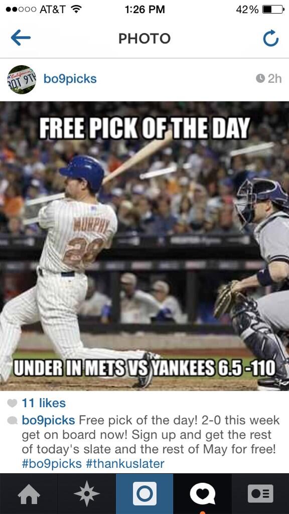 BO9PICKS's tweet photo. Today's FREE PLAY is the Yankees vs Mets Under 6.5 http://t.co/TkpGlabhW0