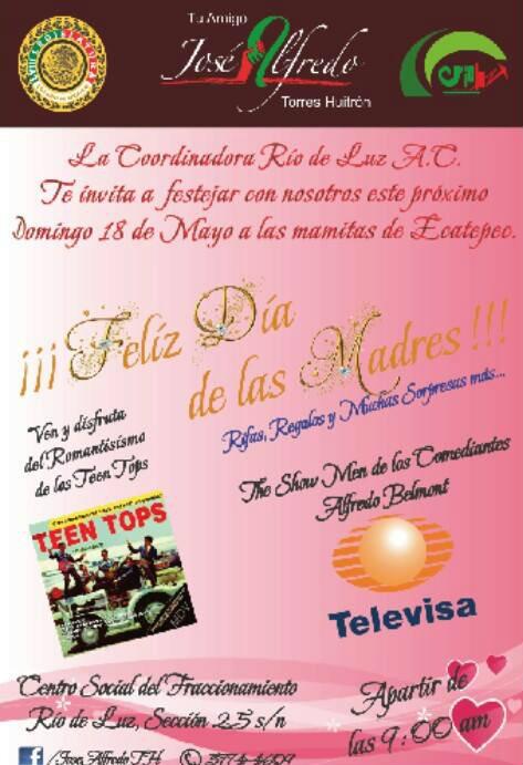 JoseAlfredoTH's tweet photo. El próximo domingo 18 de mayo tendremos nuestro Gran Festival del día de las Madres en Río de Luz. ¡Los esperamos! http://t.co/LSvtxyXUK4