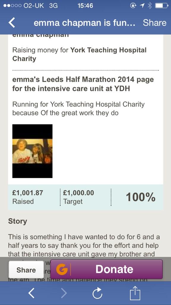 Strensall5024's tweet photo. @poolieshrew @charmers_1706 @LloydEdwards Emma has broken her target 2 raise £1000 for yorks ICU! Well done!! http://t.co/soHMUGamHo