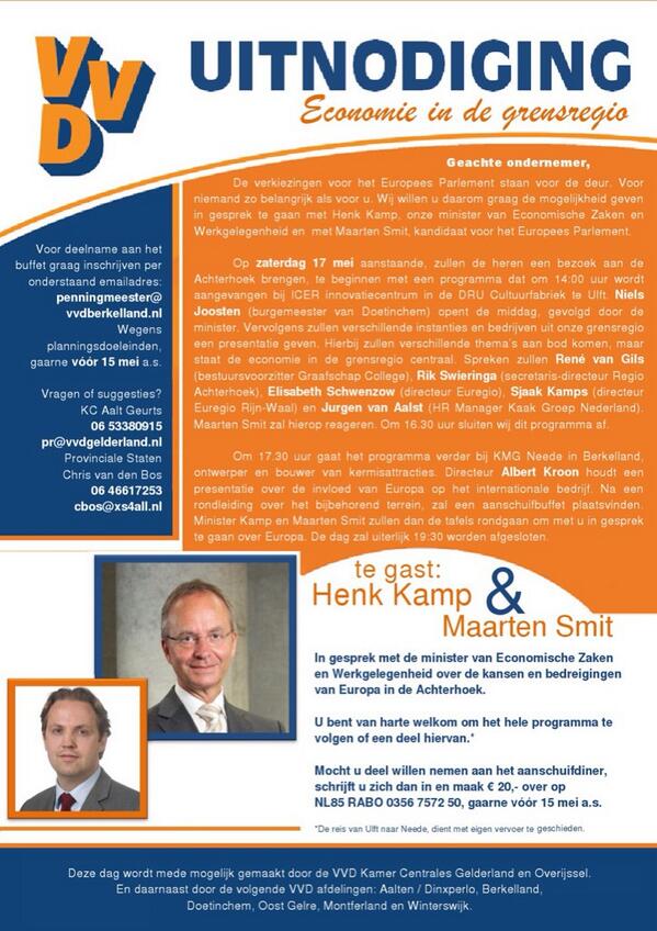 A.s. zaterdag 17 mei vanaf 17.30 uur bij ons op het bedrijf Minister Henk Kamp aan het 'aanschuifbuffet'.