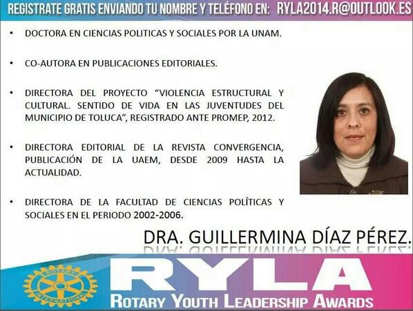 antoniosirius33's tweet photo. La Doctora Guillermina Díaz, ex Directora de Ciencias Políticas de la #UAEMex estará presente en el #RYLA2014TOLUCA http://t.co/EwZFSgzY2T