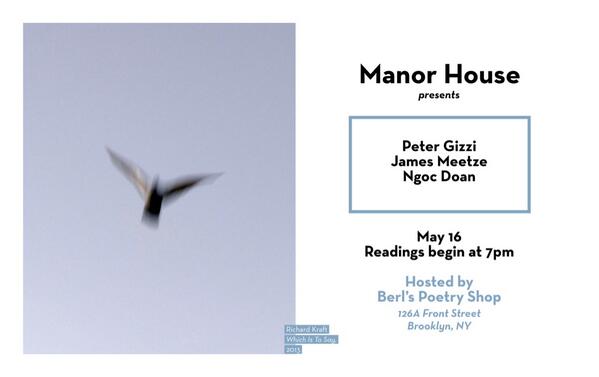 Three of our authors will read this Friday 7p at Brooklyn's <a href="/berlspoetry/">Berl's Poetry Shop</a>! <a href="/nk_doan/">Ngoc Doan</a>, JamesMeetze, and #PeterGizzi