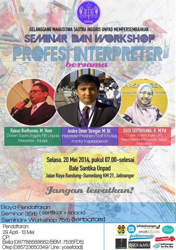 RT <a href="/GemasiUnpad/">Gemasi | Sasing Unpad</a>: Come to Seminar &amp; Workshop Interpreter on May 20,2014. Text to register before May 18 :) <a href="/KOMAHI_UAI/">KOMAHI UAI</a>