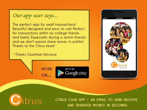 CitrusPay's tweet image. "The #perfectapp for #smalltransaction! #Beautifuldesign and easy to use." 
#CitrusCash app - play.google.com/store/apps/det…