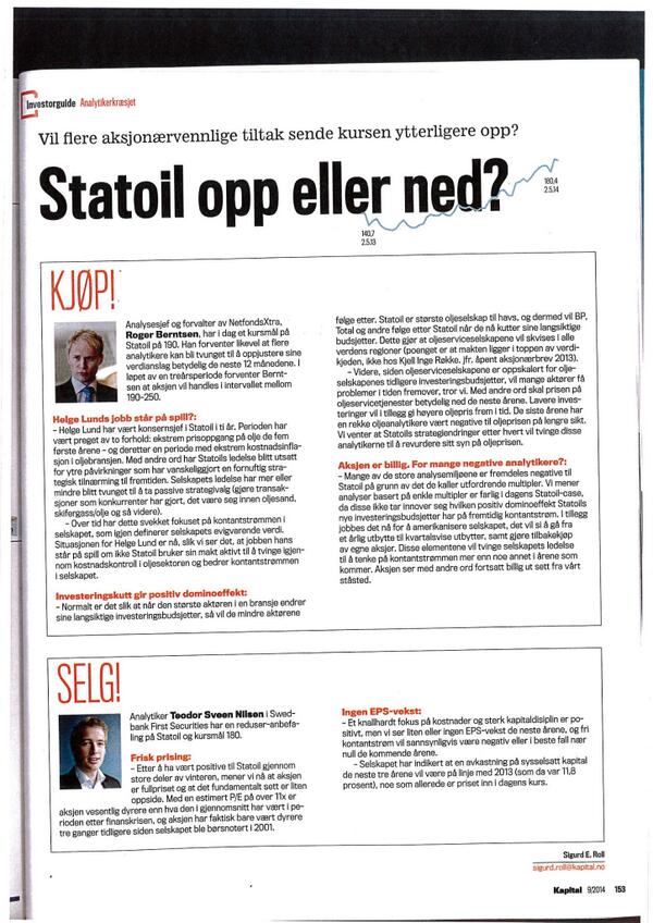 Roger Berntsen Vi Er Svaert Positive Til Statoil Aksjen Statoilasa Les Hvorfor I Dagens Utgave Av Kapital Http T Co 2o3ma07yit Http T Co 4kyteta2ce