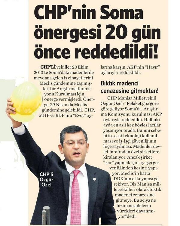 CHP'nin Soma Önergesi 20 Gün Önce Reddedildi
 Vatan Gazetesi 15.05.2014